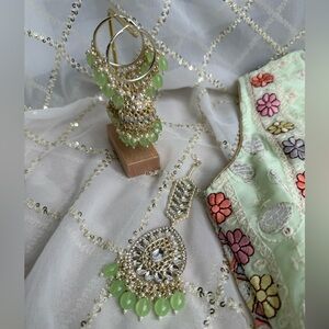 Bollywood Bridal Indian Elegant Pista Green and Gold Earrings & Tikka Set